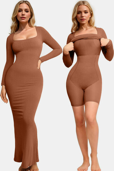 Sculpting Shapewear Square Neck Long Sleeve Maxi Dress