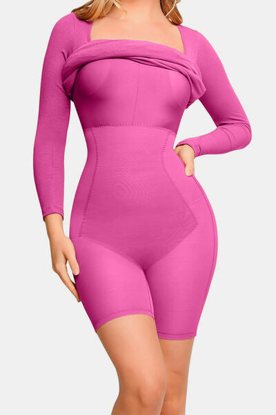 Luxe Full Size Built-In Shapewear Square Neck Long Sleeve Dress