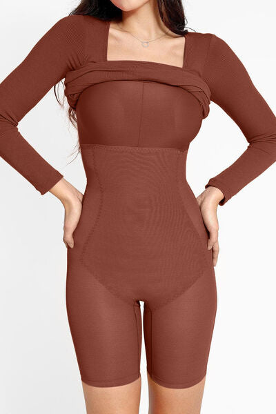 Luxe Full Size Built-In Shapewear Square Neck Long Sleeve Dress