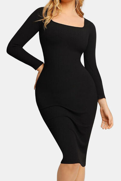 Luxe Full Size Built-In Shapewear Square Neck Long Sleeve Dress