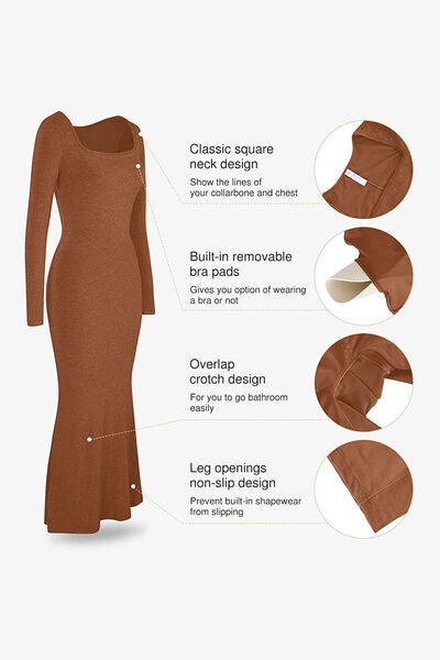 Sculpting Shapewear Square Neck Long Sleeve Maxi Dress
