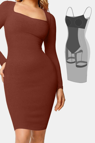 Luxe Full Size Built-In Shapewear Square Neck Long Sleeve Dress
