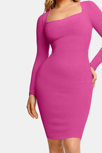 Luxe Full Size Built-In Shapewear Square Neck Long Sleeve Dress
