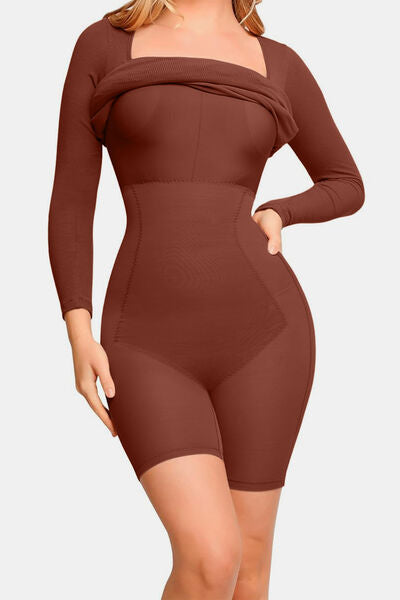 Luxe Full Size Built-In Shapewear Square Neck Long Sleeve Dress
