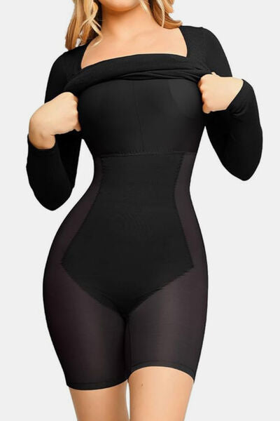 Luxe Full Size Built-In Shapewear Square Neck Long Sleeve Dress