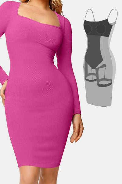 Luxe Full Size Built-In Shapewear Square Neck Long Sleeve Dress