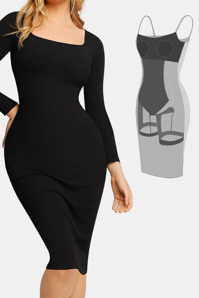 Luxe Full Size Built-In Shapewear Square Neck Long Sleeve Dress