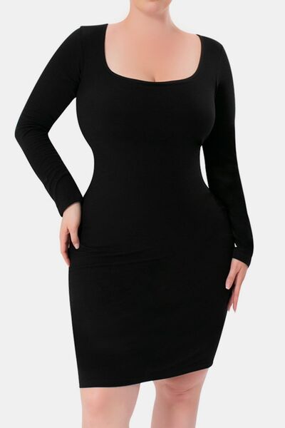 Luxe Full Size Built-In Shapewear Square Neck Long Sleeve Dress