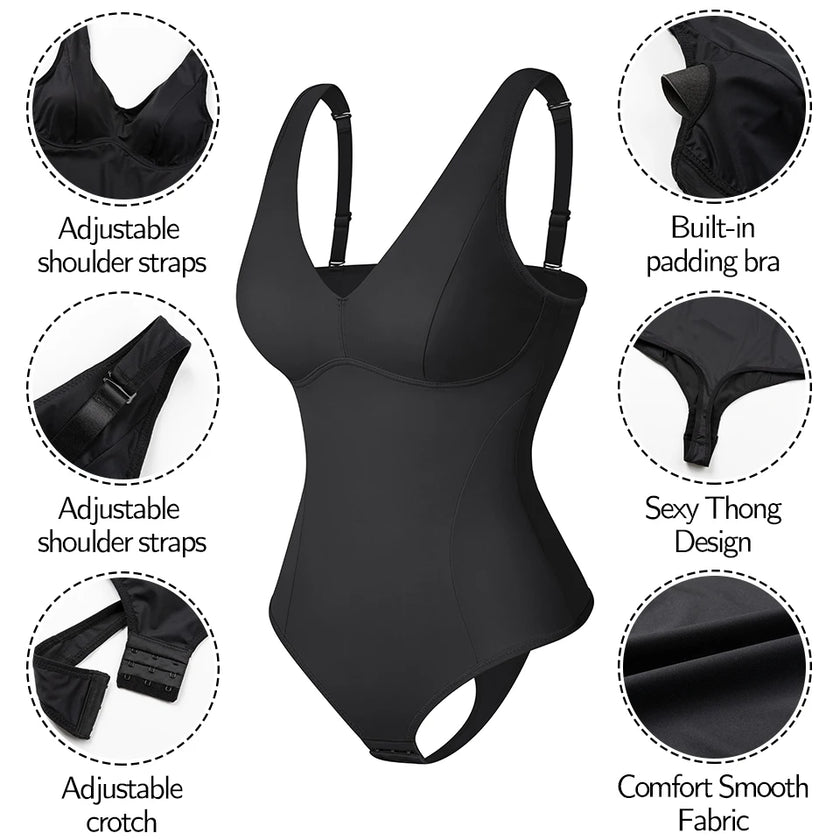 Shapewear Bodysuit Thong Shaper for Women Waist Trainer Body Shaper Deep V Neck Slimming Underwear Built-in Bra Camisoles Tops