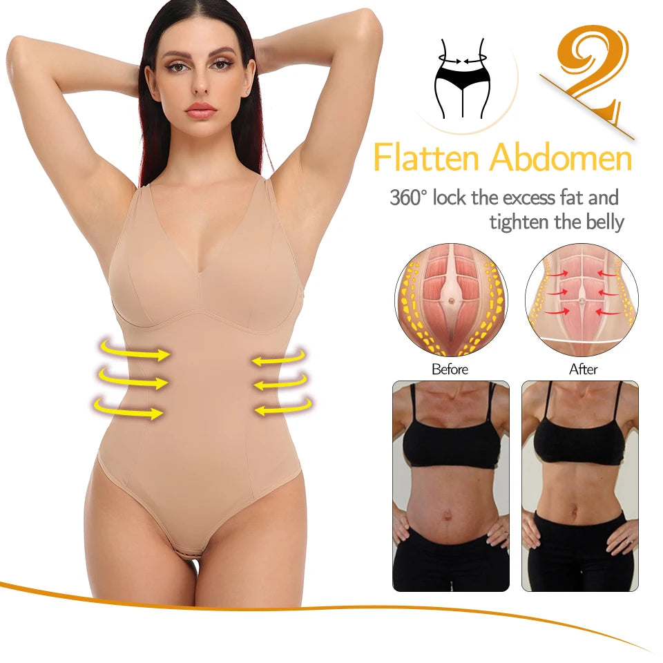 Shapewear Bodysuit Thong Shaper for Women Waist Trainer Body Shaper Deep V Neck Slimming Underwear Built-in Bra Camisoles Tops