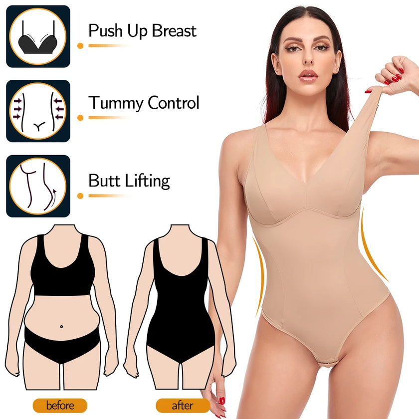 Shapewear Bodysuit Thong Shaper for Women Waist Trainer Body Shaper Deep V Neck Slimming Underwear Built-in Bra Camisoles Tops