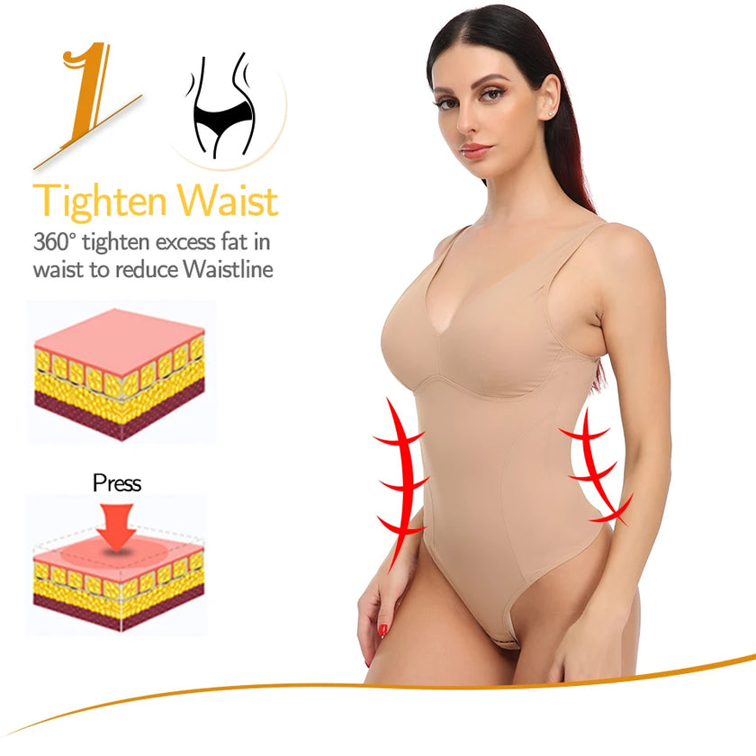Shapewear Bodysuit Thong Shaper for Women Waist Trainer Body Shaper Deep V Neck Slimming Underwear Built-in Bra Camisoles Tops