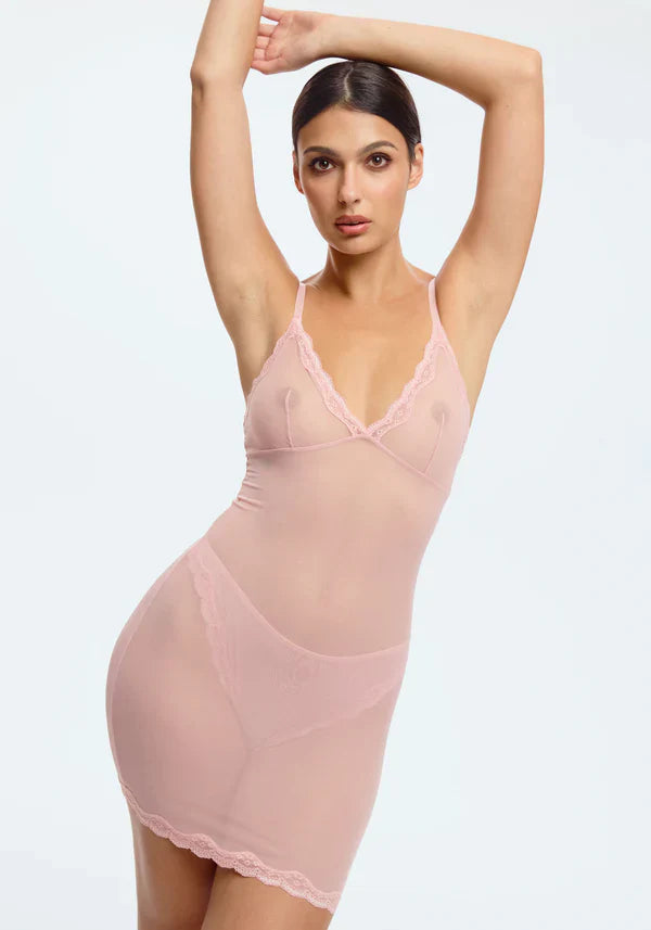 Sheer Mesh Lace Trim Slip Dress Blush Lotus Rosewater - SlayShape
