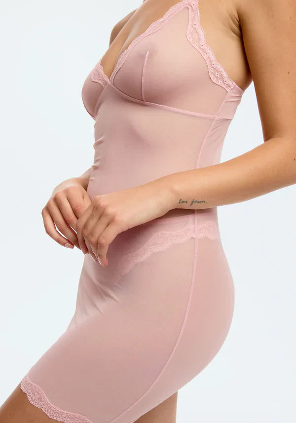 Sheer Mesh Lace Trim Slip Dress Blush Lotus Rosewater - SlayShape