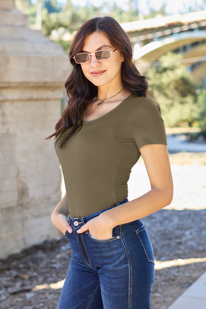 Sculpting Round Neck Short Sleeve Basic Bodysuit in Multi Colors